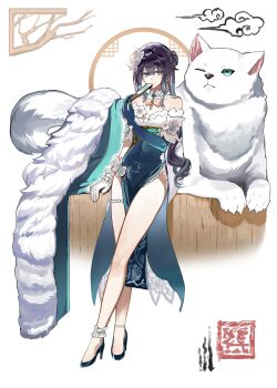 Rule 34 | 1girl, a little scale, absurdres, aqua dress, aqua eyes, aqua gloves, aqua streaks, asymmetrical gloves, closed mouth, commentary, covered navel, creature, dress, elbow gloves, english commentary, flower, folded fan, folding fan, full body, gloves, hair flower, hair ornament, hand fan, highres, holding, holding fan, honkai: star rail, honkai (series), mismatched gloves, ruan mei (honkai: star rail), ruan mei (plumblossom letter) (honkai: star rail), single elbow glove, smile, solo, thighs, two-tone dress, uneven gloves, white flower