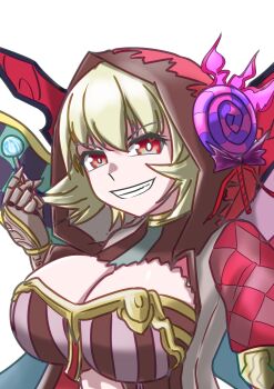 blonde_hair breasts candy_witch_(grimms_notes) grimms_notes grin hood hood_up large_breasts looking_at_viewer notogoro prosthesis prosthetic_arm red_eyes simple_background smile teeth white_background