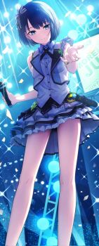 1girl black_hair blue_eyes blue_hair glowstick hair_ornament harii_(janib5kc) highres holding holding_microphone idol kiritani_haruka looking_at_viewer microphone project_sekai short_hair skirt sleeveless smile solo stage stage_lights standing