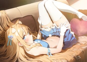 1girl animal_ears bandeau belt black_belt blonde_hair blue_bandeau blue_eyes blue_skirt blush bow_legwear breasts cat_ears cat_girl closed_mouth commentary_request couch facial_mark gloves hair_between_eyes hair_bobbles hair_ornament hand_on_own_thigh heart heart-shaped_pillow heart_facial_mark highres knees_up long_hair looking_at_viewer lying navel no_shoes nyum on_back on_couch original pillow pom_pom_(clothes) profile skirt small_breasts solo star_(symbol) thighhighs translation_request very_long_hair white_gloves white_thighhighs