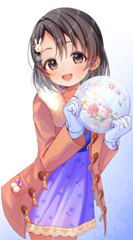 1girl :d blue_background bow brown_coat brown_eyes brown_hair child coat commentary_request cowboy_shot dress fur-trimmed_coat fur_trim glove_bow gloves gradient_background hair_ornament holding idolmaster idolmaster_cinderella_girls long_sleeves looking_at_viewer open_clothes open_coat open_mouth print_dress purple_dress rabbit_hair_ornament sasaki_chie short_hair smile snowflake_hair_ornament snowflake_print solo white_background white_bow white_gloves zero7shi