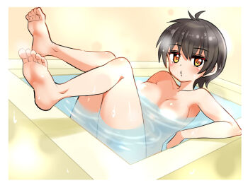 1girl barefoot blush breasts commentary cougar_(cougar1404) full_body in_water looking_at_viewer medium_breasts nari_(cougar1404) nude original short_hair solo yellow_eyes