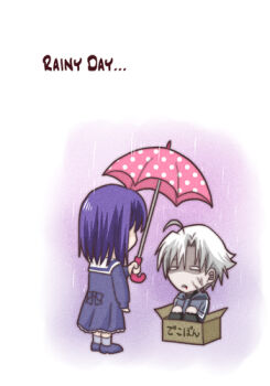 1boy 1girl ahoge box cardboard_box chibi commentary_request dress fate/zero fate_(series) grey_hoodie holding holding_umbrella hood hoodie kuramubon_(hamaguri_chaya) lowres matou_kariya matou_sakura matou_sakura_(fate/zero) purple_hair rain sailor_dress sitting translation_request umbrella uncle_and_niece veiny_face white_hair