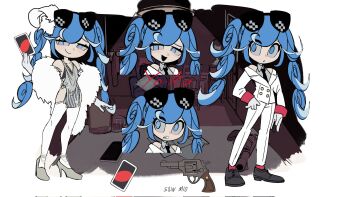 Rule 34 | 1girl, alternate costume, bare shoulders, black garter belt, black necktie, black shoes, blue eyes, blue hair, blush, border, bra, bra peek, buttons, card, chawanmushi co, closed mouth, collared shirt, commentary request, double-breasted, dress, evening gown, eyewear on head, feather hair ornament, feathers, formal clothes, garter belt, gloves, grey shirt, gun, hair ornament, handgun, hatsune miku, high heels, highres, holding, holding card, jacket, long hair, looking at viewer, mimukauwa nice try (vocaloid), multiple views, necktie, off shoulder, outside border, oxfords, pants, reference sheet, revolver, ringed eyes, shirt, shoes, silver dress, smile, smirk, smith &amp; wesson model 10, smug, standing, suit, sunglasses, table, thighhighs, translation request, twintails, underwear, uno (game), vocaloid, weapon, white border, white dress, white gloves, white jacket, white pants, white suit, white thighhighs