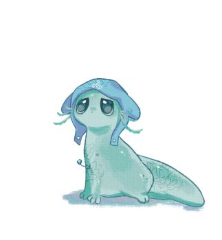 animalization baila_kuangzi blue_hood chinese_commentary commentary_request creature creature_focus detached_hood ear_covers highres hood hood_up len'en looking_ahead no_humans parody rain_world shadow shitodo_aoji simple_background sitting slugcat solo whiskers white_background