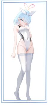 1girl absurdres arona_(blue_archive) bare_shoulders blue_archive blue_eyes blue_hair bow_hairband braid breasts colored_inner_hair commentary_request competition_school_swimsuit competition_swimsuit covered_navel full_body hair_over_one_eye hairband halo heart heart_halo highleg highleg_one-piece_swimsuit highres looking_at_viewer multicolored_hair one-piece_swimsuit one_eye_covered pink_hair red_halo school_swimsuit simple_background single_braid skindentation small_breasts solo swimsuit thighhighs thighs two-tone_hair two-tone_swimsuit white_background white_hairband white_thighhighs wodubian