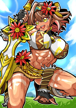 1girl :d abs breasts brown_hair chapillust dark-skinned_female dark_skin fingerless_gloves flower fur_trim gerbera_(monster_strike) gloves hair_flower hair_ornament hairband highres holding holding_sword holding_weapon large_breasts monster_strike muscular muscular_female on_grass open_mouth sandals smile squatting sweatdrop sword teeth upper_teeth_only weapon yellow_eyes