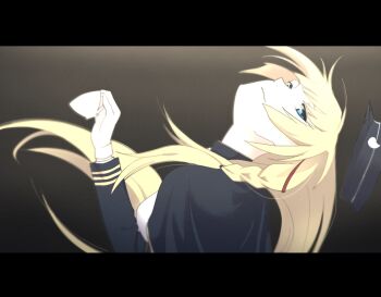 Rule 34 | 1girl, azur lane, blonde hair, blue eyes, blue jacket, cup, gloves, holding, holding cup, jacket, kawanishimaki, kongou (azur lane), letterboxed, long hair, saitou chiwa, shaft look, simple background, solo, teacup, upper body, voice actor connection, white gloves
