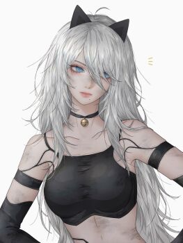 1girl a2_(nier:automata) android animal_ears artelsia black_choker blue_eyes breasts bright_pupils cat_ears cat_girl choker collarbone commentary dirty eyelashes fake_animal_ears hair_between_eyes hands_on_own_hips highres large_breasts long_hair looking_to_the_side mole mole_under_mouth nier:automata nier_(series) notice_lines pink_lips simple_background solo standing upper_body wavy_hair white_background white_pupils