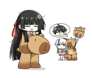 1boy 2girls black_hair bow bowtie brown_bow brown_bowtie camellya_(wuthering_waves) camellya_mascot_(meme) chisa_(wuthering_waves) closed_eyes commentary_request dress earrings gold_earrings hair_ribbon highres holding_mascot_head jewelry korean_commentary long_hair male_rover_(wuthering_waves) mascot_costume meme mole mole_under_eye multiple_girls namipon_(wuthering_waves) open_mouth red_ribbon ribbon rover_(wuthering_waves) sigh simple_background sweatdrop very_long_hair white_background white_dress white_hair windy_(jazz9207) wuthering_waves