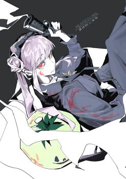 1girl black_bow black_hairband black_headband blood blood_on_clothes blood_on_face bow closed_mouth female_focus grey_background gun hair_bow hairband headband highres holding holding_gun holding_weapon kako-g_(hundred_line) long_hair looking_at_viewer looking_up mask pink_hair red_eyes simple_background smile smoke smoking_barrel solo solo_focus the_hundred_line_-last_defense_academy- tomato tsukumo_kako turning_head twintails unworn_mask weapon