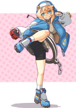 Rule 34 | 1boy, absurdres, alternate hair ornament, arc system works, bike shorts, bike shorts under skirt, black gloves, black shorts, blonde hair, blue eyes, blush, bridget (guilty gear), commentary request, cuffs, female focus, fingerless gloves, gloves, grin, guilty gear, guilty gear strive, highres, hood, hood up, hooded jacket, jacket, leg up, long sleeves, looking at viewer, male focus, mars symbol, medium hair, open clothes, open jacket, shorts, smile, solo, sugajyun, teeth, trap