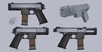 artist_name bullet from_side gun highres hozumi_sousei magazine_(weapon) multiple_views no_humans original submachine_gun trigger weapon weapon_focus