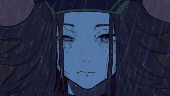 1girl chainsaw_man closed_mouth english_text fenomeno_(umamusume) half-closed_eye hat highres long_hair looking_at_viewer parody rain scene_reference solo straight-on twovust umamusume unhappy water wet wet_face wet_hair