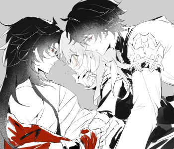 Rule 34 | 1girl, 2boys, absurdres, annann nna, bandaged chest, bandaged hand, bandages, blade (elation) (honkai: star rail), blade (honkai: star rail), blush, closed mouth, commentary, dan heng (honkai: star rail), dan heng (hunt) (honkai: star rail), grey background, greyscale, hand on another's chin, highres, honkai: star rail, honkai (series), long hair, looking at another, medium hair, monochrome, multiple boys, open mouth, red eyes, sandwiched, short hair, stelle (honkai: star rail), sweat, sweatdrop, untranslatable commentary, trailblazer (honkai: star rail), yellow eyes