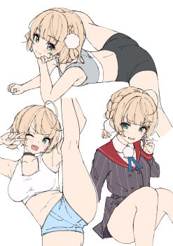 1girl absurdres alternate_costume breasts eru_(l_illust45) flexible highres indie_virtual_youtuber large_breasts shigure_ui_(vtuber) shigure_ui_(1st_costume)_(vtuber) short_shorts shorts simple_background split standing standing_on_one_leg standing_split tagme virtual_youtuber white_background