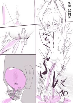 1girl armpits arms_up arrow_(symbol) bladder bladder_filling blush bound bound_wrists bow breasts cirno clenched_teeth clitoral_hood clitoris close-up collarbone completely_nude cross-section cuffs embarrassed female_focus full_body groin hair_bow half-closed_eyes heart highres ice ice_wings japanese_text katsura_dendou knees_together_feet_apart liquid magic magic_circle monochrome motion_lines multiple_views navel nipples nose_blush nude peeing pigeon-toed portal_(object) pussy shackles short_hair sidelocks small_breasts speech_bubble spot_color standing stomach stomach_bulge tears teeth text_focus touhou translation_request trembling uncensored urethra v-shaped_eyebrows wings