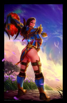 1girl armor ass black_border boots border breastplate brown_hair cloud commentary dragon grass hammer holding holding_hammer holding_weapon horns long_hair looking_at_viewer looking_back outdoors outside_border path petals ponytail road shiny_skin smile solo standing tagovantor tree warcraft weapon world_of_warcraft