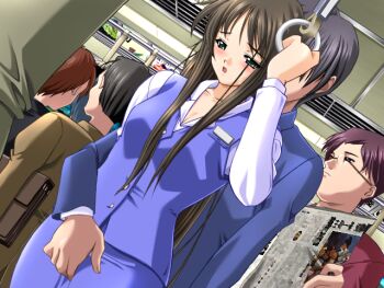 Rule 34 | 1boy, 1girl, 2000s (style), black hair, blue skirt, blue suit, blue vest, blush, breasts, chikan, cleavage, collarbone, cowboy shot, crowded, dutch angle, faceless, fingering, fingering from behind, fingering through clothes, formal clothes, game cg, green eyes, groping, half-closed eyes, hand grip, hand up, holding hand grip, kawahara emi, long hair, long sidelocks, long sleeves, looking down, m&amp;m (mickey and mackey), medium breasts, molestation, name tag, open mouth, pencil skirt, public indecency, saishu chikan densha (series), saishuu chikan densha, scarf, sexual harassment, shirt, short hair, sidelocks, skirt, standing, suit, sweat, third-party source, through clothes, train interior, variant set, vest, white shirt
