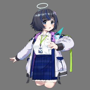 1girl :o black_hair blue_eyes blue_hair blue_nails blue_skirt blush breasts collared_shirt cropped_legs drenched_shizuku-san dress_shirt eyebrows_hidden_by_hair fingernails flower grey_background grey_hair hair_between_eyes hair_flower hair_ornament hairband halo hand_up high-waist_skirt hop_step_jan id_card jacket lanyard long_sleeves looking_at_viewer medium_breasts multicolored_hair nail_polish open_clothes open_jacket open_mouth parted_lips plaid_clothes plaid_skirt pleated_skirt puffy_long_sleeves puffy_sleeves shirt shirt_tucked_in short_hair simple_background skirt sleeves_past_wrists small_breasts solo streaked_hair sweat two-tone_hair unmoving_pattern vrchat white_flower white_jacket white_shirt