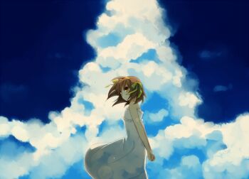 Rule 34 | brown eyes, brown hair, cloud, day, dress, endless eight, from side, hair ribbon, looking back, ribbon, shirase (azure), short hair, solo, suzumiya haruhi, suzumiya haruhi no yuuutsu
