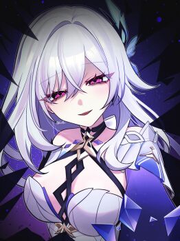 absurdres ama_some_(kr0ri) black_collar collar commission dress genshin_impact grey_hair heart heart-shaped_pupils highres long_hair open_mouth pink_eyes skeb_commission skirk_(genshin_impact) smile symbol-shaped_pupils twitter_username upper_body white_dress