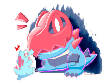 blue_claws blush claws closed_eyes colored_skin crocodilian fangs feraligatr gen_2_pokemon hood hood_up mega_feraligatr mega_pokemon nintendo no_humans open_mouth pokemon pokemon_(creature) pokemon_focus sharp_teeth smile spikes spines tail teeth totodile waniwani_(hyda7523)