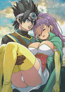 1boy 1girl black_bodysuit black_hair blue_eyes blue_tunic blush bodysuit boots breasts brown_gloves carrying carrying_person cleavage cloak closed_eyes cloud corset dragon_quest dragon_quest_xi dress earrings gloves green_cloak hair_ornament headpiece high_ponytail hoop_earrings jewelry large_breasts long_hair muramasa_mikado open_mouth panties parted_lips ponytail princess_carry purple_hair red_corset roche_(dq11) senica_(dq11) short_hair sky spiked_hair square_enix standing strapless strapless_dress teeth thigh_boots tunic underwear white_dress white_panties yellow_boots yellow_gloves