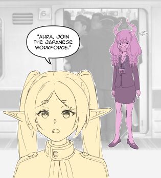 2girls absurdres alternate_costume aura_(sousou_no_frieren) aura_bullying_(meme) blurry blurry_background capelet commentary crying crying_with_eyes_open earrings elf english_commentary english_text floating_earrings frieren fukaikiri highres jacket jewelry long_sleeves looking_at_another meme multiple_girls name_tag office_lady parted_bangs pencil_skirt photo_background pointy_ears skirt sousou_no_frieren speech_bubble subway subway_station tears upper_body