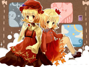 Rule 34 | 2girls, :d, aki minoriko, aki shizuha, apron, black dress, blonde hair, blush, brown background, brown eyes, collar, commentary request, dress, grape hat ornament, hair ornament, hat, holding, holding leaf, juliet sleeves, leaf, leaf hair ornament, leaf skirt, long sleeves, medium hair, mob cap, multiple girls, okemai, open mouth, plant, postage stamp, puffy sleeves, red apron, red eyes, red hat, red shirt, red skirt, scrapbook, shirt, short hair, skirt, smile, touhou, vines, wheat print, white collar, yellow shirt