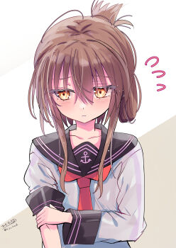 1girl absurdres anchor_symbol black_sailor_collar blush brown_background brown_eyes brown_hair commentary_request embarrassed folded_ponytail hair_ornament hairclip highres hizaka inazuma_(kancolle) kantai_collection long_hair long_sleeves neckerchief red_neckerchief sailor_collar school_uniform serafuku solo upper_body white_background