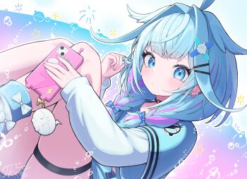 1girl absurdres ahoge black_choker blue_eyes blue_hair blue_shirt blue_shorts blue_socks blunt_bangs braid cellphone chain chain_earrings choker commentary_request earclip hair_flaps hair_intakes hair_over_shoulder hand_up highres holding holding_phone hololive hololive_dev_is knees_up layered_sleeves lightning_ahoge long_hair long_sleeves looking_at_viewer loose_socks low_twin_braids mizumiya_su multicolored_hair o-ring o-ring_choker phone pink_hair shirt short_over_long_sleeves short_shorts short_sleeves shorts smartphone socks solo streaked_hair striped_clothes striped_socks thigh_strap tkc_(user_snjd8547) twin_braids twirling_hair virtual_youtuber