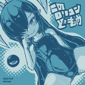 1girl ;) alternate_hairstyle backbeako_(torotei) backbeard bare_shoulders blue_background blue_theme blush bow breasts closed_mouth commentary cowboy_shot dated dated_commentary dutch_angle finger_to_cheek gegege_no_kitarou hair_bow hair_down hair_over_one_eye half-closed_eye hand_up kono_lolicon_domome large_bow loli long_hair looking_at_viewer monochrome one-piece_swimsuit one_eye_closed original paid_reward_available pointy_ears simple_background sitting small_breasts smile solo spread_legs sweat swimsuit torotei translated very_long_hair watermark web_address