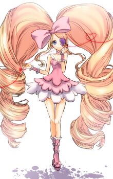 1girl ajiko_(ajicox) bare_shoulders big_hair blonde_hair blue_eyes boots bow breasts cleavage commentary_request dress drill_hair earrings eyepatch fingernails hair_bow harime_nui heart heart_earrings highres jewelry kill_la_kill knee_boots long_hair pink_boots pink_dress pink_wrist_cuffs pinky_out simple_background smile solo standing strapless strapless_dress string string_of_fate twin_drills white_background wrist_cuffs
