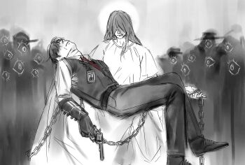 1boy 1girl black_hair black_shoes black_vest carrying carrying_person chain commentary crying death dress english_commentary full_body gauntlets gun hair_over_eyes handgun highres holding holding_chain holding_gun holding_weapon hvcassini98 id_card limbus_company long_hair meursault_(project_moon) mother_and_son necktie pants people princess_carry project_moon red_necktie revolver shirt shoes silhouette single_gauntlet sketch the_stranger_(camus) unfinished vest weapon white_dress white_pants white_shirt