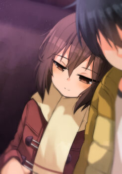 1boy 1girl black_hair boku_dake_ga_inai_machi brown_hair brown_jacket closed_mouth coat commentary_request eki_doki fujinuma_satoru highres hinazuki_kayo jacket leaning_on_person light_particles red_coat scarf shirt short_hair smile white_shirt yellow_scarf