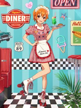 1girl :d alternate_costume antenna_hair bang_dream! bar_stool blush boots collarbone collared_dress commentary_request diner dress english_text fang full_body hand_on_own_hip highres holding holding_tray indoors kitazawa_hagumi lace-up_boots leg_up light_particles maid_headdress open_mouth puffy_short_sleeves puffy_sleeves red_dress roller_skates short_dress short_sleeves skates skin_fang smile socks solo stool striped_clothes striped_dress tray united_states vertical-striped_clothes vertical-striped_dress waitress white_boots white_socks yazawa_happyaro