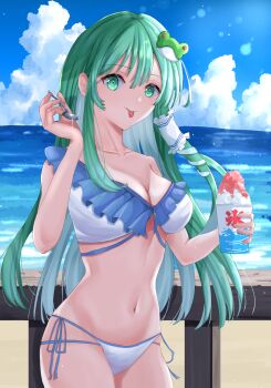 1girl :p alternate_costume bikini breasts collarbone commentary_request dinotodon food frilled_hair_tubes frills frog_hair_ornament green_eyes green_hair hair_ornament hair_tubes highres holding holding_food holding_spoon kochiya_sanae long_hair navel shaved_ice single_hair_tube snake_hair_ornament solo spoon swimsuit tongue tongue_out touhou very_long_hair white_bikini