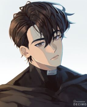 1boy black_hair black_shirt brown_eyes curtained_hair expressionless head_tilt high_collar highres looking_at_viewer male_focus nadardoh omniscient_reader&#039;s_viewpoint shirt short_hair solo swept_bangs yoo_joonghyuk