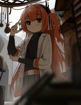 0w0_(artist) 1girl a.i._voice absurdres adachi_rei alternate_hair_length_(longer) alternate_hairstyle belt black_shirt blurry blurry_foreground closed_mouth elbow_rest expressionless flat_chest grey_skirt hair_ribbon headphones highres jacket long_hair long_sleeves looking_at_viewer one_side_up open_clothes open_jacket orange_eyes orange_hair ribbon shirt skirt sleeves_pushed_up solo standing utau white_jacket