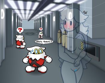 1girl ? ahoge armpits artist_request bare_arms blonde_hair blue_eyes blush breasts collarbone completely_nude embarrassed english_text exhibitionism eyelashes female_focus groin highres indoors invisible laboratory legs legs_together long_hair looking_back mario_(series) medium_breasts navel neck nervous nintendo nipples nude paper_mario paper_mario:_the_thousand-year_door parted_bangs princess_peach public_indecency public_nudity pussy scene_reference signature size_difference spoken_question_mark sweat talking thighs turning_head v_arms walking x-naut