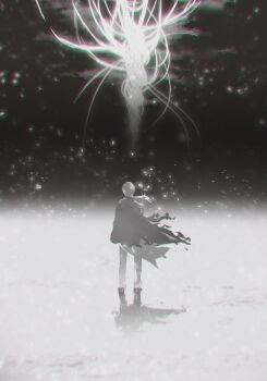 1boy chaldea_no_mono cloak cloud crystal_shards facing_ahead fantasy_tree_(fate) fate/grand_order fate_(series) floating floating_cape from_behind greyscale highres long_hair monochrome olympus_(fate/grand_order) pants ponytail shadow solo solo_focus tenoteno_syumi torn_cloak torn_clothes wide_shot