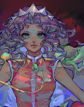 1girl aiguillette bindi closed_mouth comeonyk commentary cropped crown dress green_eyes himemiya_anthy long_hair looking_at_viewer purple_hair red_background red_dress shoujo_kakumei_utena sleeveless sleeveless_dress solo very_long_hair wavy_hair
