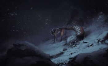 absurdres animal_focus fox gift_art glowing glowing_eyes highres looking_at_viewer night no_humans original outdoors snow snowing toebeez winter yellow_eyes