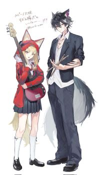 Rule 34 | 1boy, 1girl, alternate costume, animal ears, arichi (ariarikiwami), arknights, arknights: endfield, black hair, black jacket, black pants, black shoes, black skirt, blonde hair, bow, bowtie, brother and sister, brown eyes, closed mouth, commentary request, corrupted twitter file, diagonal-striped bow, diagonal-striped bowtie, diagonal-striped clothes, drumsticks, ears through headwear, extra ears, full body, guitar, highres, holding, holding drumsticks, holding guitar, holding instrument, hood, hood up, hooded jacket, instrument, jacket, long hair, looking at viewer, miniskirt, notched ear, open clothes, open jacket, open mouth, pants, pleated skirt, red bow, red bowtie, red jacket, rossi (arknights), shirt, shoes, short hair, siblings, simple background, skirt, socks, standing, striped bow, striped bowtie, striped clothes, tail, teeth, translation request, upper teeth only, very short hair, watermark, watermark grid, white background, white shirt, white socks, wolf boy, wolf ears, wolf girl, wolf tail, wulfgard (arknights), yellow eyes