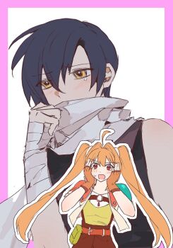 Rule 34 | 1boy, 1girl, ahoge, antenna hair, armor, asprosgy, bandaged arm, bandages, bare shoulders, belt pouch, black hair, blush, border, brown gloves, brown hair, covered mouth, cropped jacket, double-parted bangs, eiyuu densetsu, embarrassed, estelle bright, fingerless gloves, floating hair, gloves, hair between eyes, hair intakes, hashtag-only commentary, highres, joshua bright, long hair, parted bangs, pauldrons, pink border, pouch, scarf, short hair, short sleeves, shoulder armor, simple background, single pauldron, sleeveless, sora no kiseki, twintails, two-tone background, upper body, white background, white scarf
