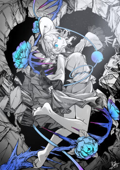1girl barefoot blue_flower chinese_commentary commentary_request dated flower frilled_sleeves frills greyscale hat highres komeiji_koishi looking_at_viewer medium_hair monochrome qingwa_chi_she shirt signature skirt solo spot_color subterranean_animism touhou wide_sleeves