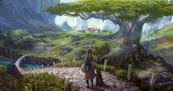Rule 34 | 1girl, animal, aqua shirt, arch, bag, black hair, black shoes, braid, braided twintails, bridge, brown tunic, cliff, cobblestone, day, dog, field, from behind, full body, highres, long hair, long sleeves, noba, original, outdoors, oversized plant, perspective, plant roots, river, scenery, shirt, shoes, shoulder bag, solo, standing, stone walkway, town, tree, tunic, valley