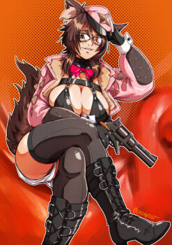 1girl adjusting_clothes adjusting_headwear animal_ears black_boots black_eyes black_gloves black_thighhighs boots breasts cat_ears cat_girl cat_tail cleavage commentary commission english_commentary erogeist from_below gloves gun hair_between_eyes handgun hat heterochromia high_heels highres holding holding_gun holding_weapon jacket large_breasts latex_bikini looking_at_viewer looking_down medium_hair nipples open_mouth original pink_hat pink_jacket red_eyes revolver shorts smile solo stiletto_heels tail thighhighs weapon white_shorts