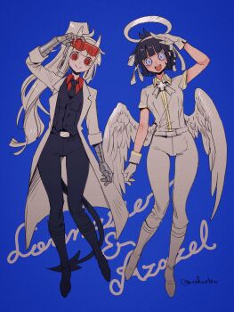 2girls :d absurdres angel angel_and_devil azazel_(helltaker) black_necktie black_pants blue_background blue_eyes demon_girl demon_tail dual_persona eyewear_on_head full_body gloves halo helltaker highres lab_coat long_hair looking_at_viewer loremaster_(helltaker) low_wings multiple_girls necktie noah_(tettsui-sole) open_mouth pants ponytail red_eyes red_shirt shirt short_sleeves smile spoilers sunglasses tail white_gloves white_halo white_pants white_shirt white_wings wings